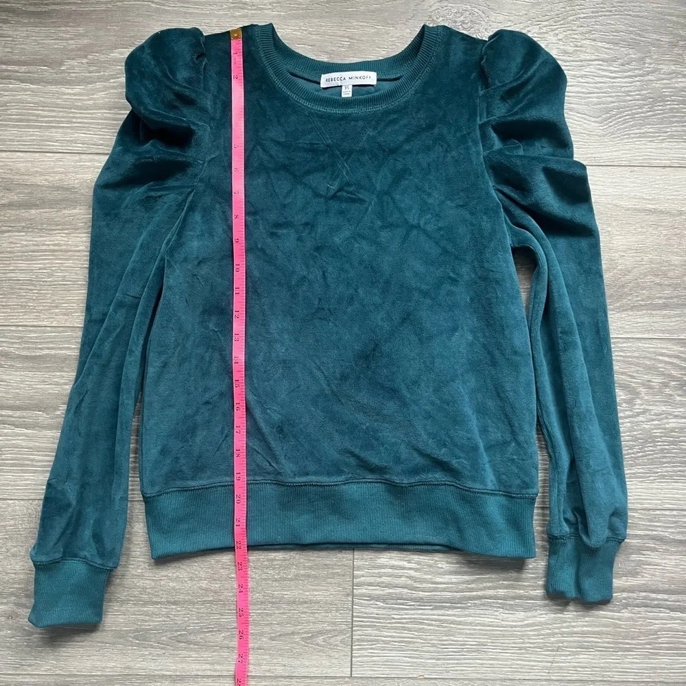 Rebecca Minkoff Teal Blue Green Long Puff Sleeve Velvet Velour Sweater Size XS